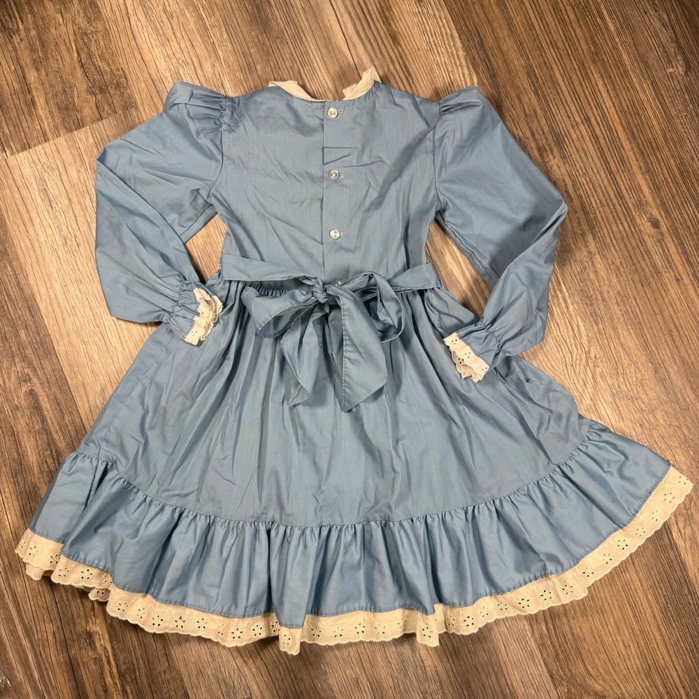 Polly Flinders Vintage Classic Prairie Girls Blue Smocked Eyelet Lace Dress 6X - Picture 5 of 5